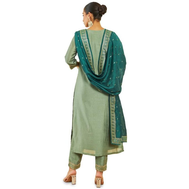 Soch Womens Sap Green Viscose Blend Suit Set With Embroidery And Sequins