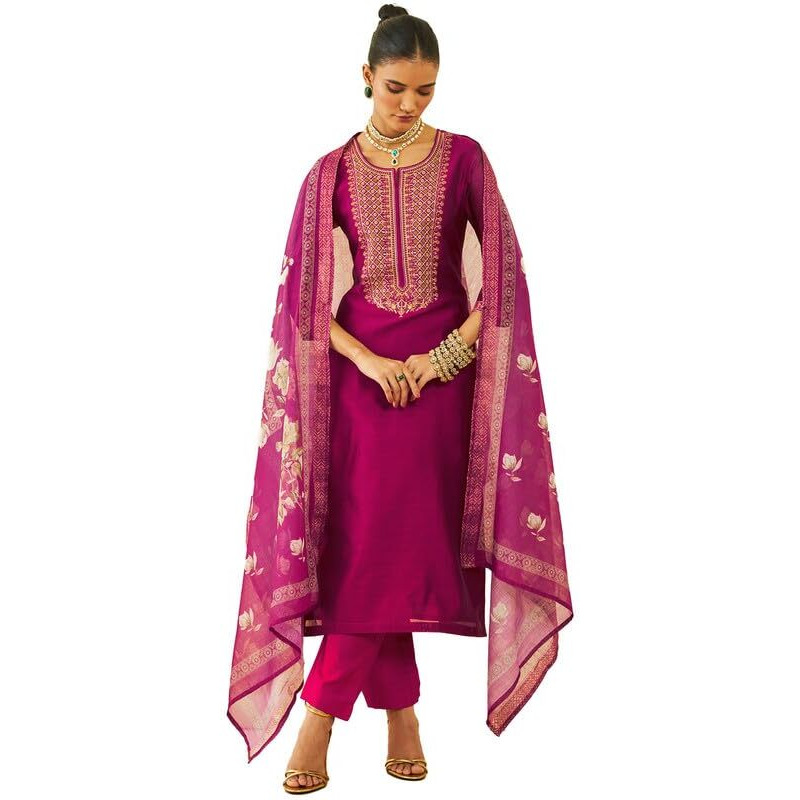 Soch Womens Magenta Chanderi Zari Embroidered Straight Kurta Sets With Dupatta
