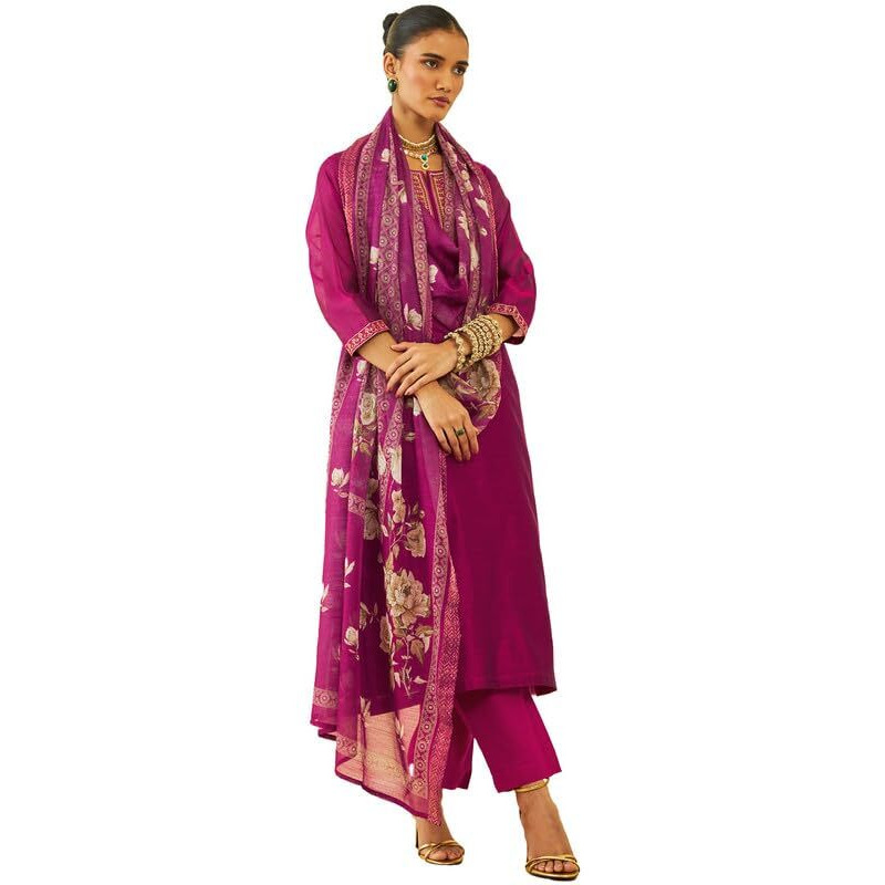 Soch Womens Magenta Chanderi Zari Embroidered Straight Kurta Sets With Dupatta