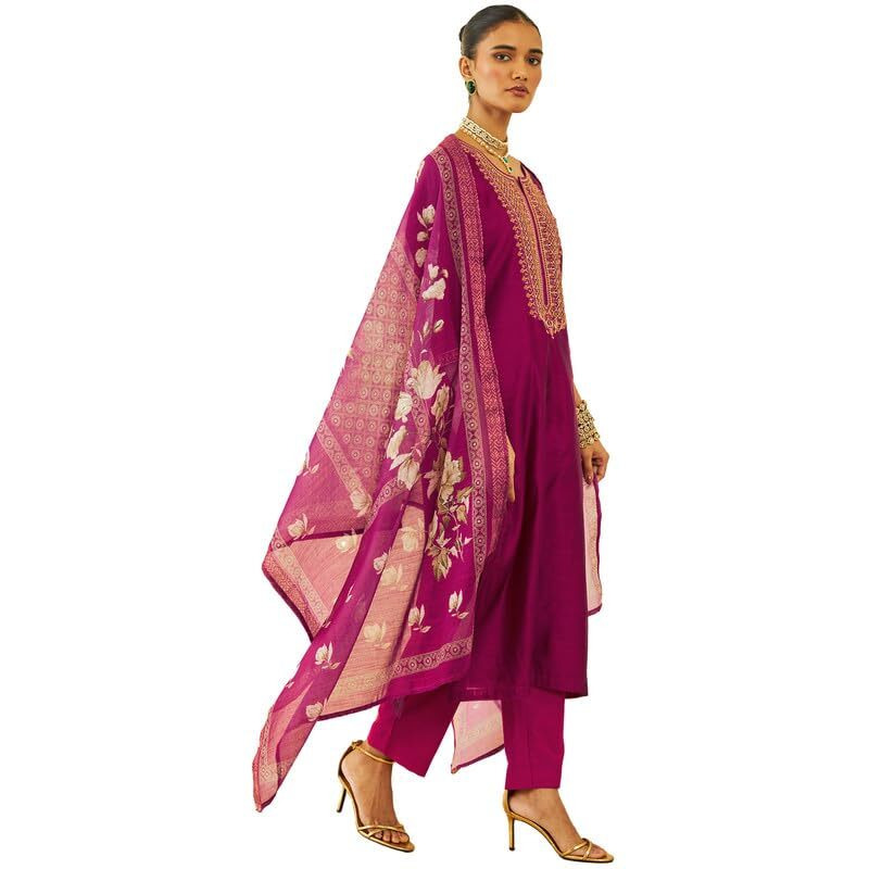 Soch Womens Magenta Chanderi Zari Embroidered Straight Kurta Sets With Dupatta