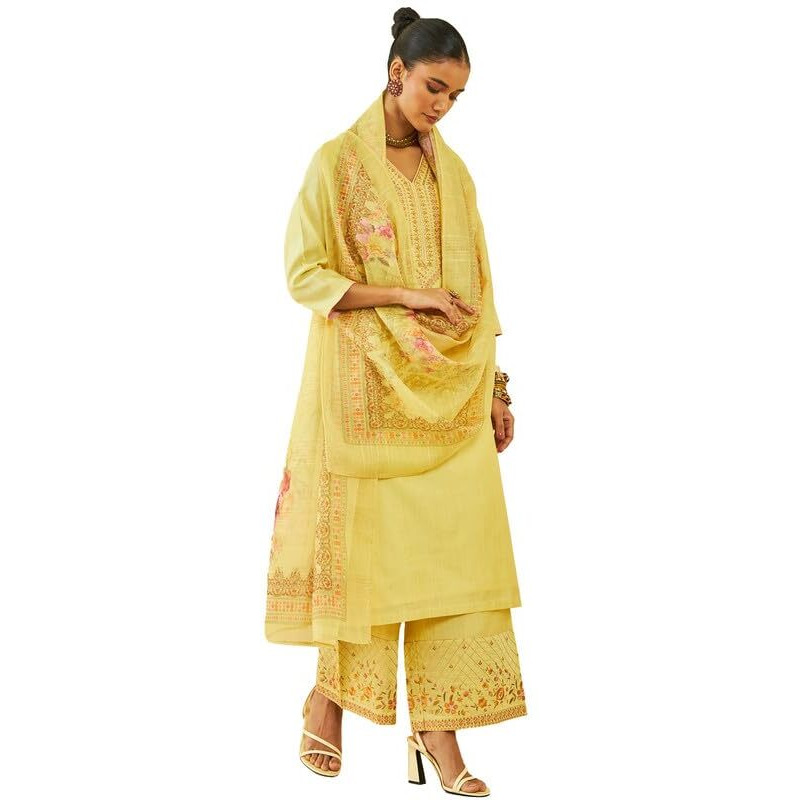 Soch Womens Light Yellow Silk Blend Floral Embroidered Palazzo Suit Set With Dupatta