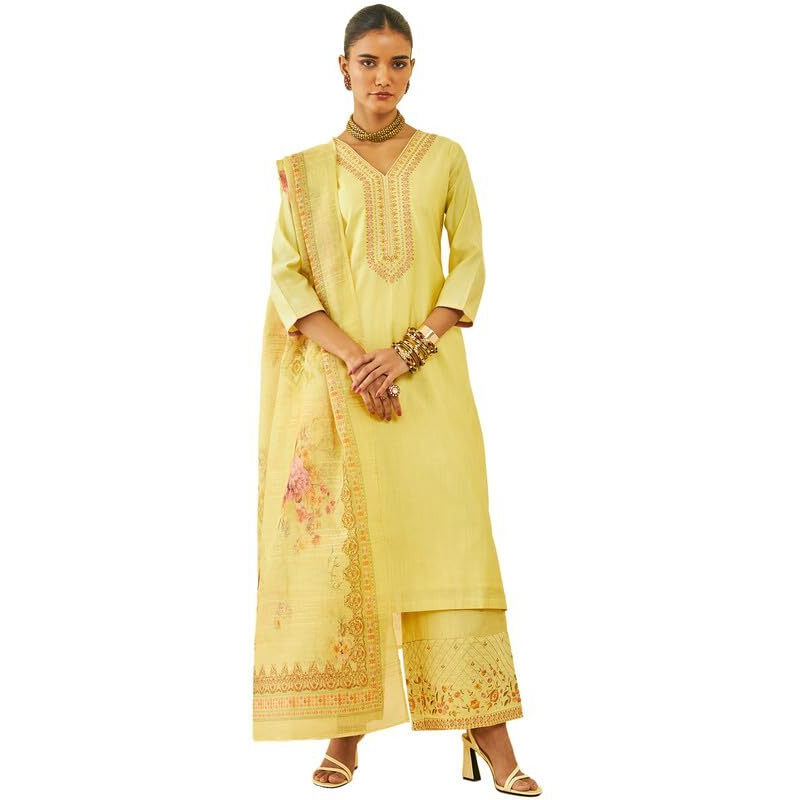 Soch Womens Light Yellow Silk Blend Floral Embroidered Palazzo Suit Set With Dupatta