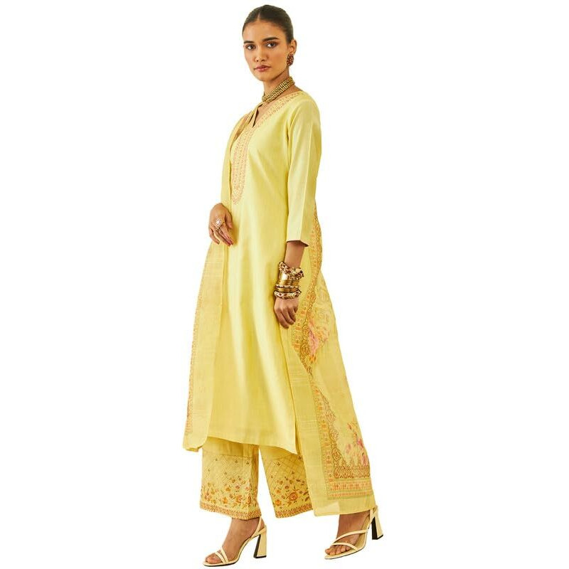 Soch Womens Light Yellow Silk Blend Floral Embroidered Palazzo Suit Set With Dupatta