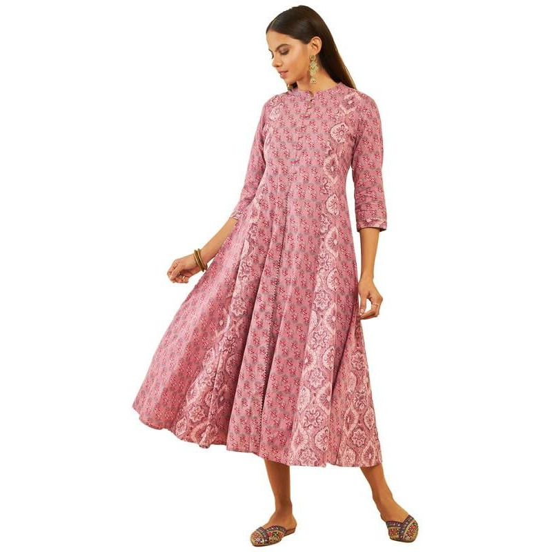 Soch Womens Onion Pink Cotton Floral Print Flared Dress With Gota Patti Work
