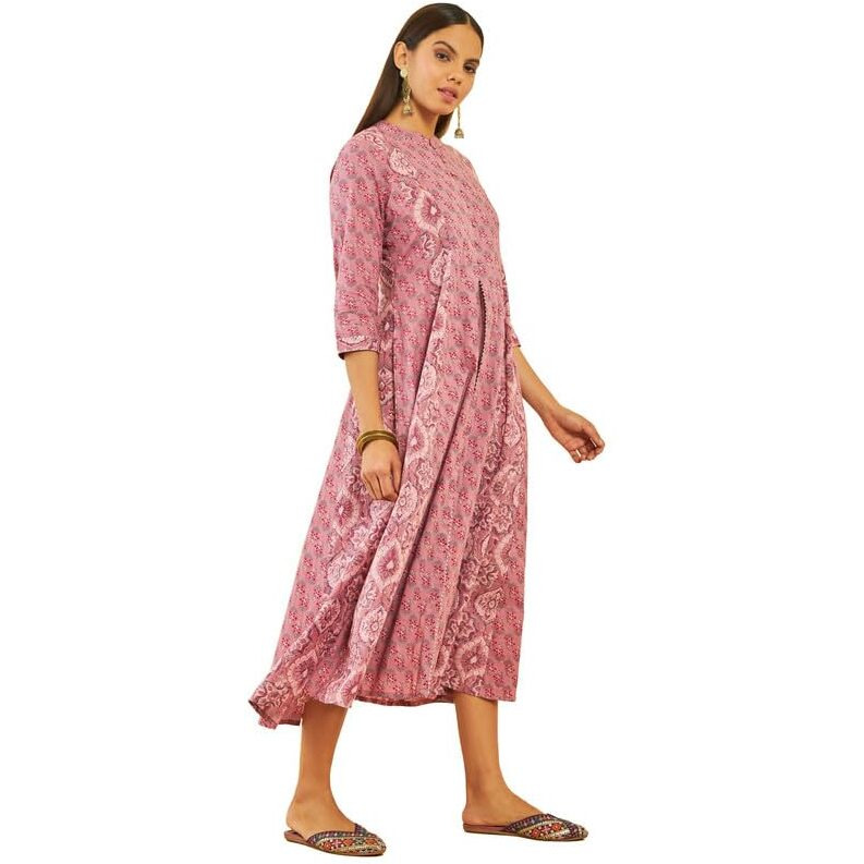 Soch Womens Onion Pink Cotton Floral Print Flared Dress With Gota Patti Work
