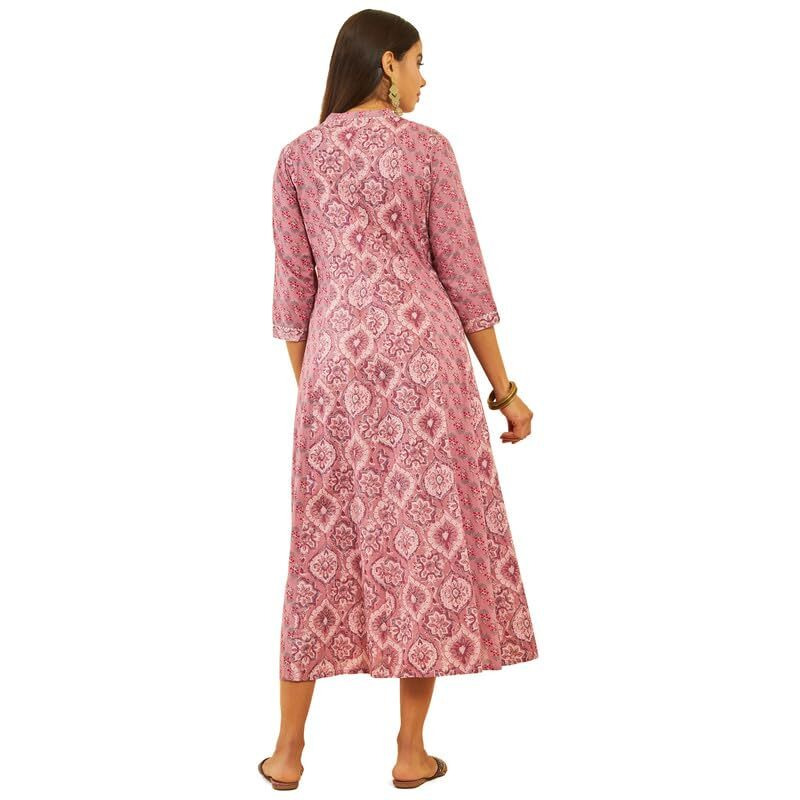 Soch Womens Onion Pink Cotton Floral Print Flared Dress With Gota Patti Work