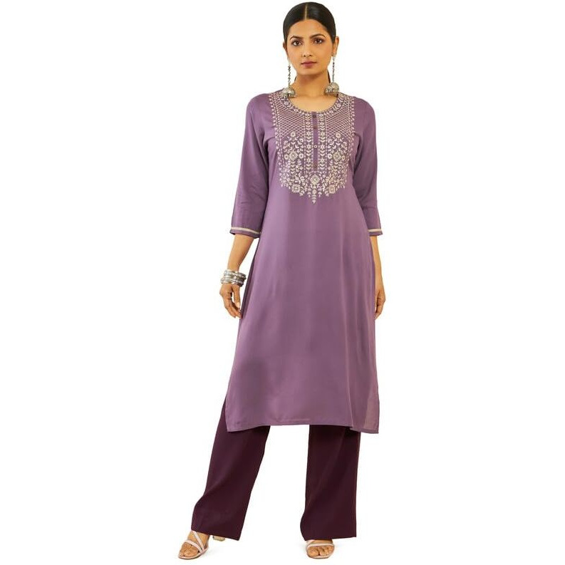 Soch Womens Purple Rayon Floral Embroidered Round-Neck Straight Kurta