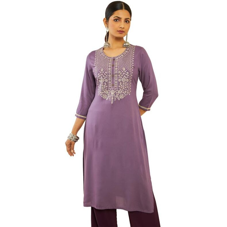 Soch Womens Purple Rayon Floral Embroidered Round-Neck Straight Kurta