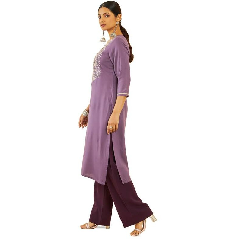 Soch Womens Purple Rayon Floral Embroidered Round-Neck Straight Kurta