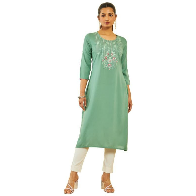 Soch Womens Green Rayon Floral Embroidered Round-Neck Straight Kurta