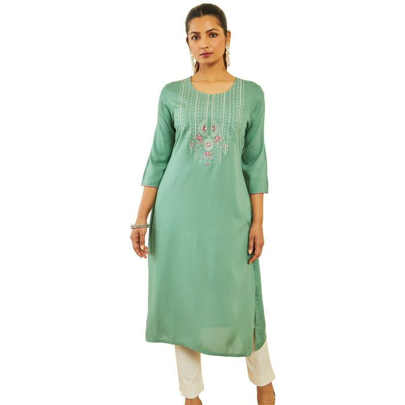 Soch Womens Green Rayon Floral Embroidered Round-Neck Straight Kurta