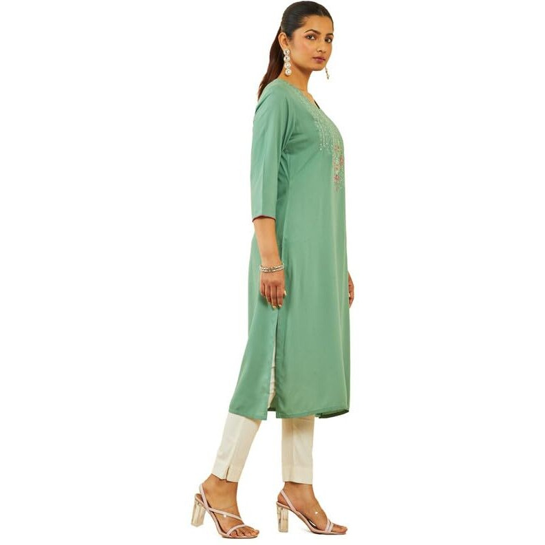 Soch Womens Green Rayon Floral Embroidered Round-Neck Straight Kurta