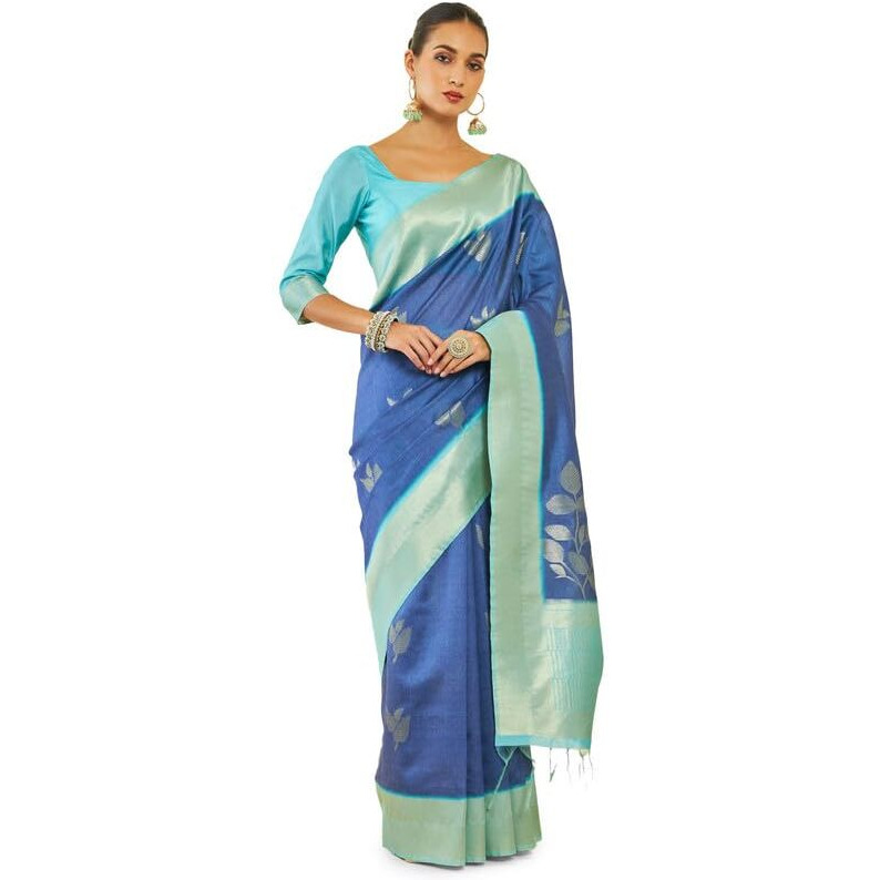 Soch Womens Blue Tussar Silk Saree With Zari Woven Foliage Designs