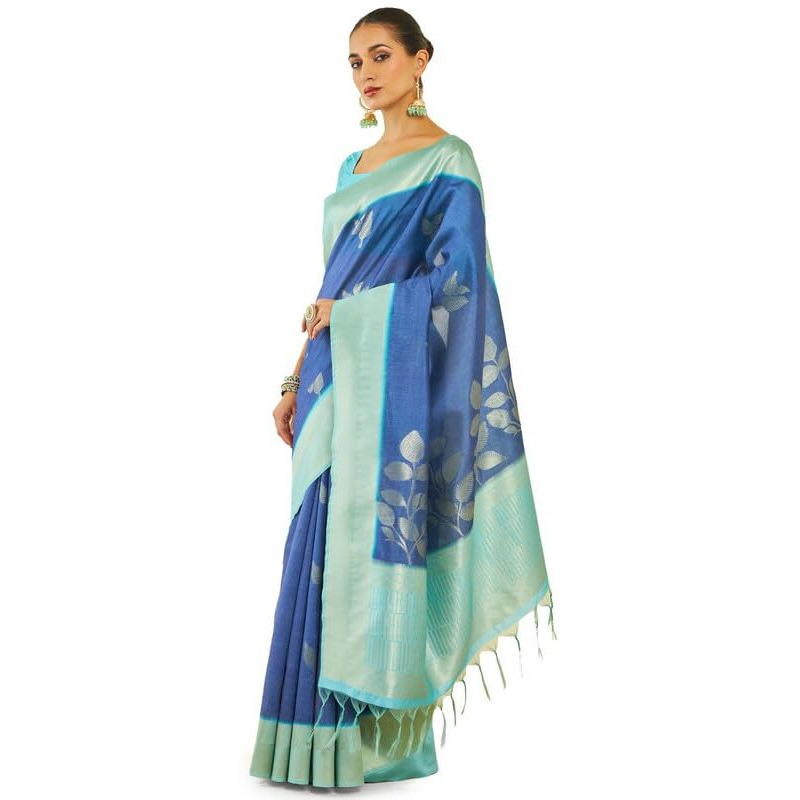 Soch Womens Blue Tussar Silk Saree With Zari Woven Foliage Designs