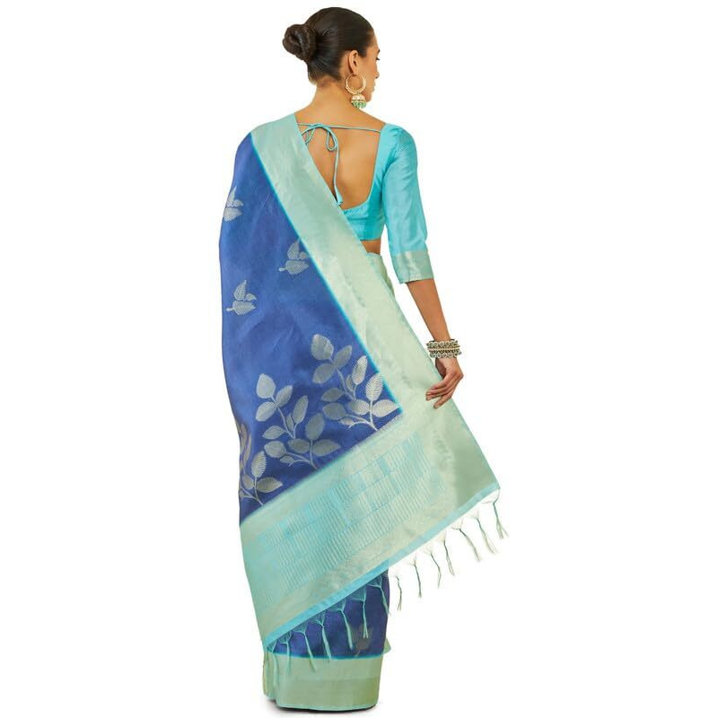 Soch Womens Blue Tussar Silk Saree With Zari Woven Foliage Designs