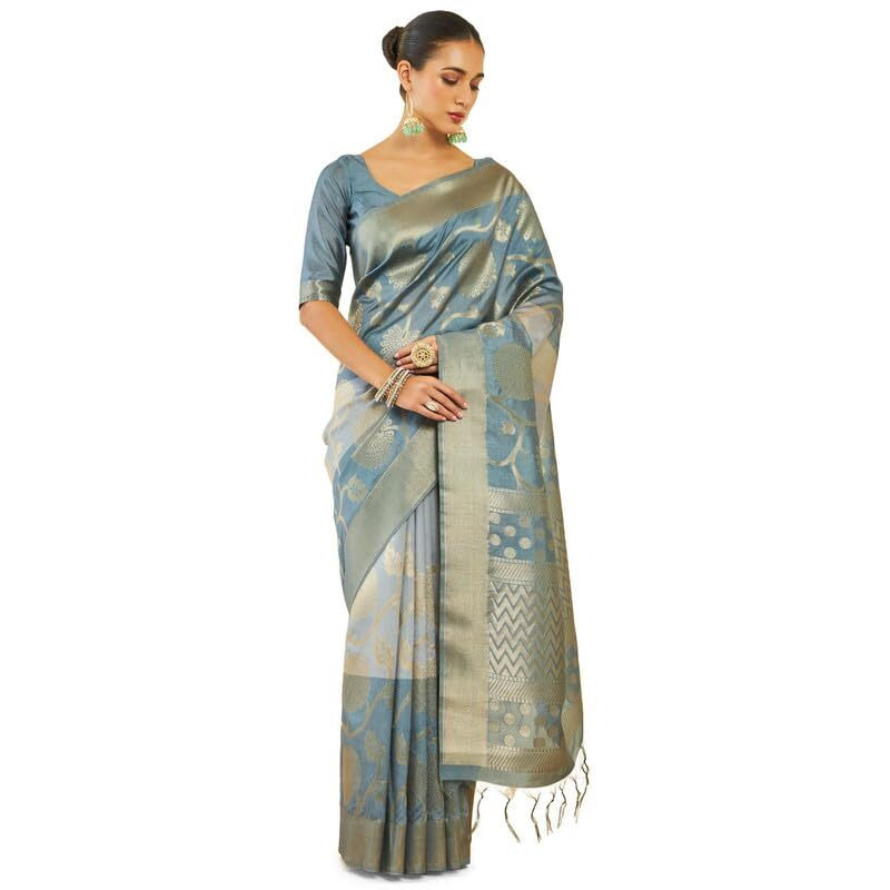 Soch Womens Grey Tussar Silk Saree With Zari Woven Floral And Foliage Designs