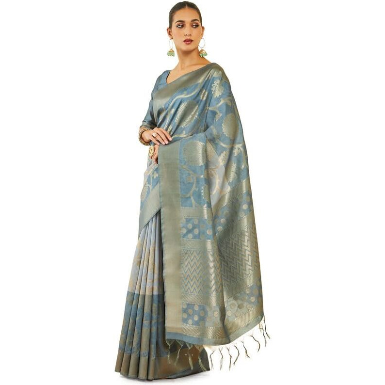Soch Womens Grey Tussar Silk Saree With Zari Woven Floral And Foliage Designs