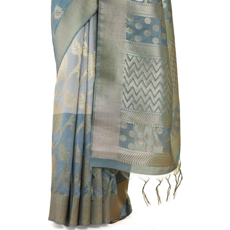 Soch Womens Grey Tussar Silk Saree With Zari Woven Floral And Foliage Designs