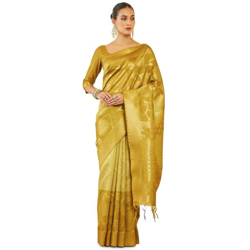 Soch Womens Gold Tussar Silk Saree With Zari Woven Floral And Foliage Designs