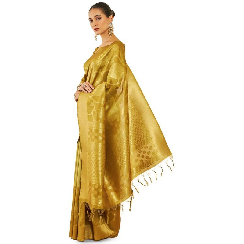 Soch Womens Gold Tussar Silk Saree With Zari Woven Floral And Foliage Designs