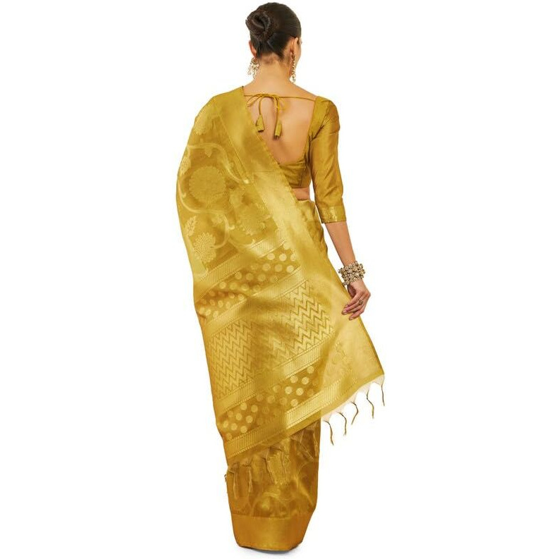 Soch Womens Gold Tussar Silk Saree With Zari Woven Floral And Foliage Designs