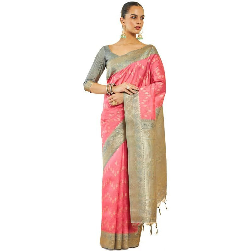 Soch Womens Pink Tussar Silk Saree With Woven Zari Designs And Grey Pallu