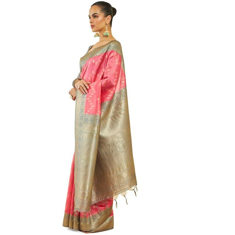 Soch Womens Pink Tussar Silk Saree With Woven Zari Designs And Grey Pallu