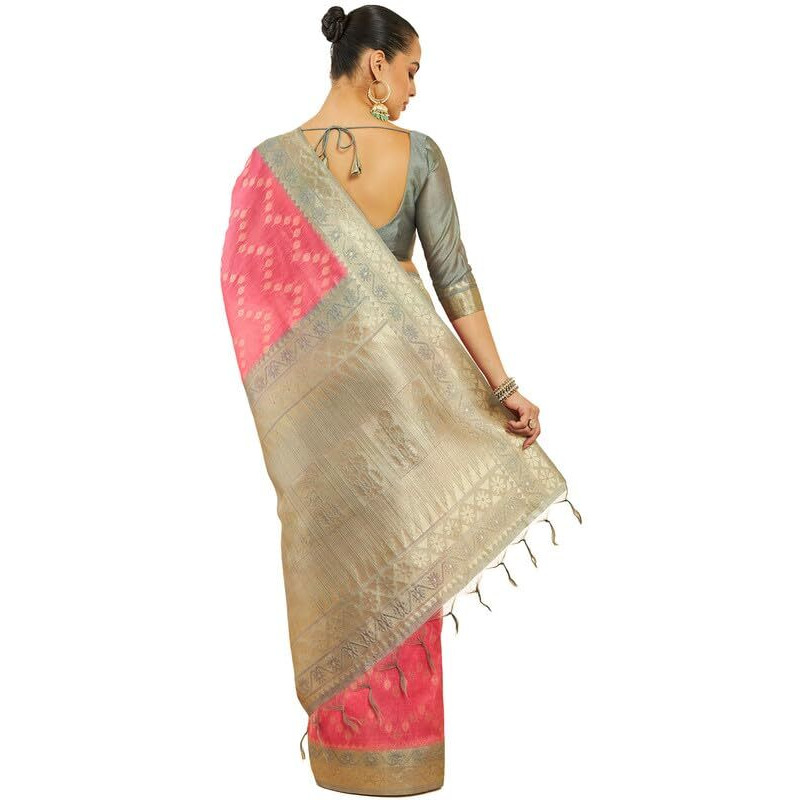 Soch Womens Pink Tussar Silk Saree With Woven Zari Designs And Grey Pallu