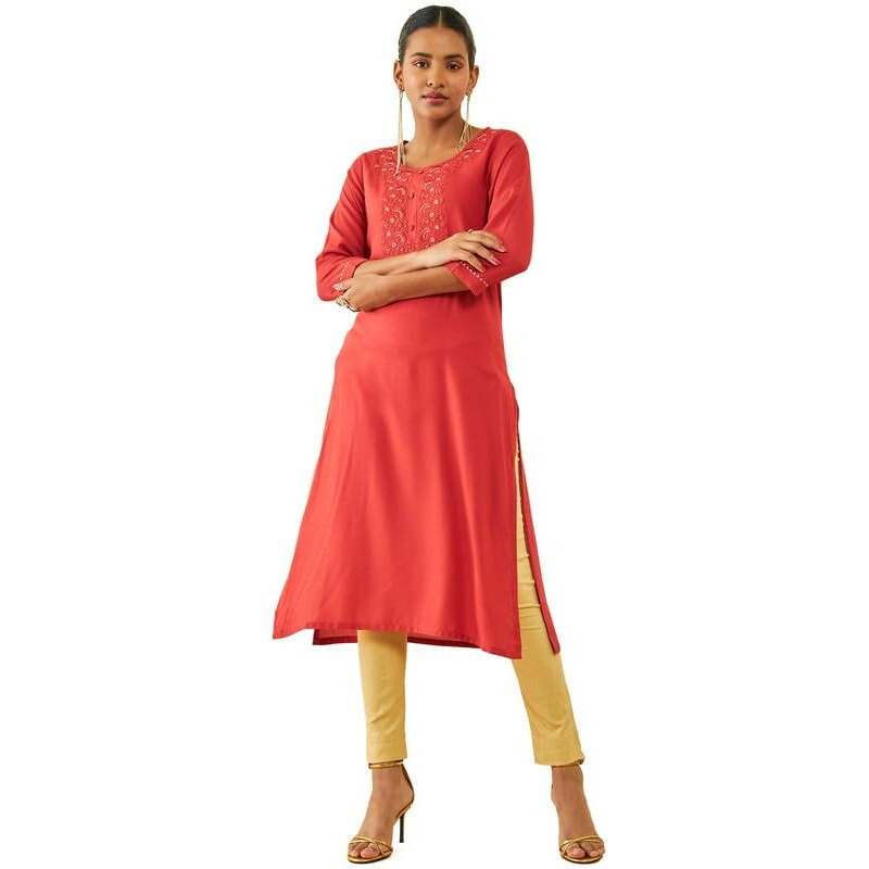 Soch Womens Rust Rayon Floral Embroidered Round-Neck Straight Kurta