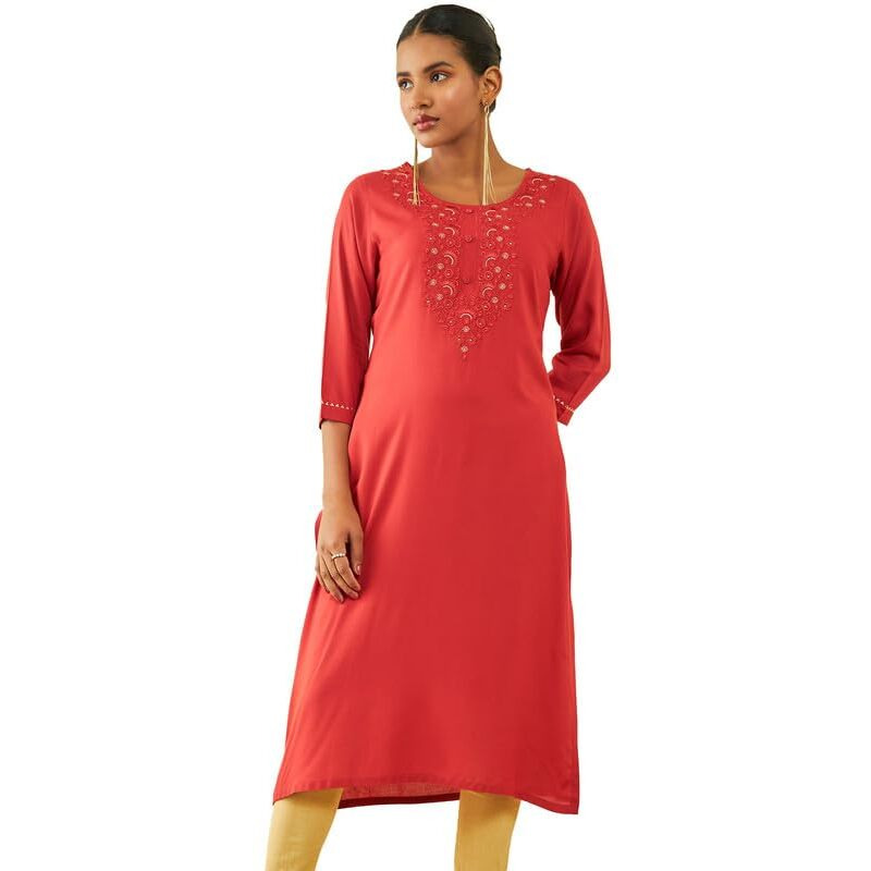 Soch Womens Rust Rayon Floral Embroidered Round-Neck Straight Kurta