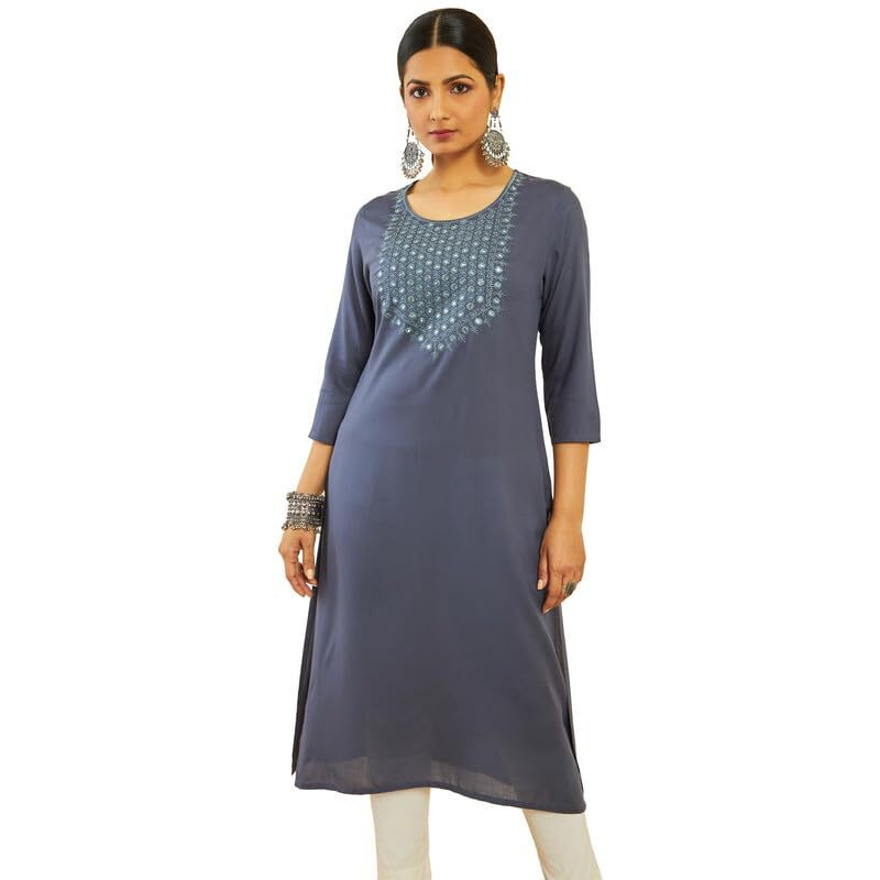 Soch Womens Dark Grey Rayon Floral Embroidered Round-Neck Straight Kurta