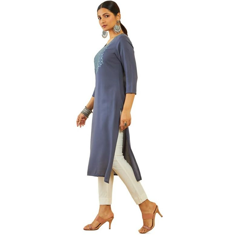 Soch Womens Dark Grey Rayon Floral Embroidered Round-Neck Straight Kurta