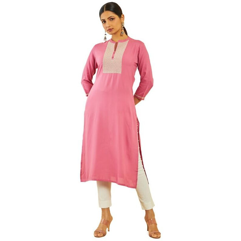 Soch Womens Onion Pink Rayon Zari Embroidered Round-Neck Straight Kurta