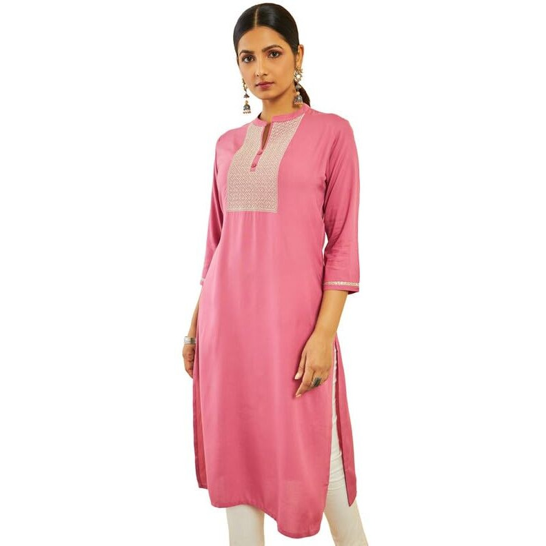 Soch Womens Onion Pink Rayon Zari Embroidered Round-Neck Straight Kurta