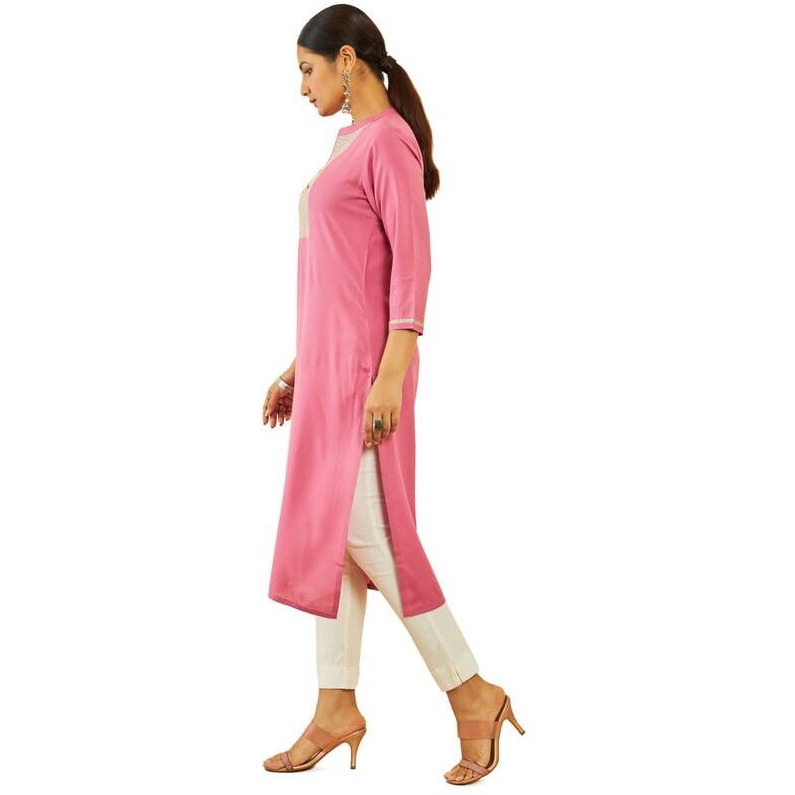 Soch Womens Onion Pink Rayon Zari Embroidered Round-Neck Straight Kurta