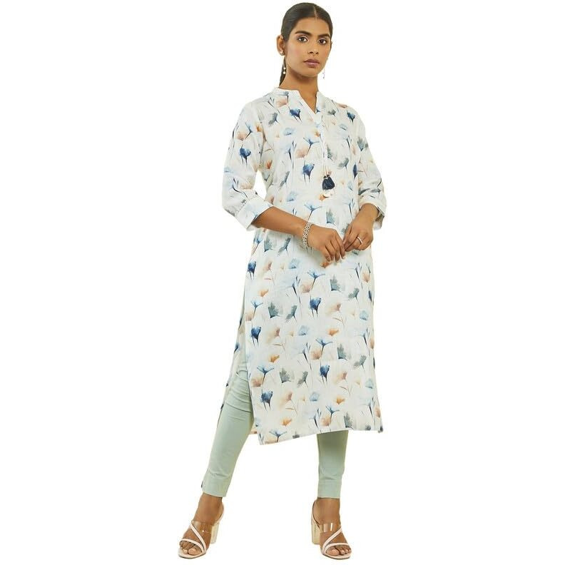 Soch Womens Off White Poly Cotton Floral Print Straight Kurta With Tassel Accent