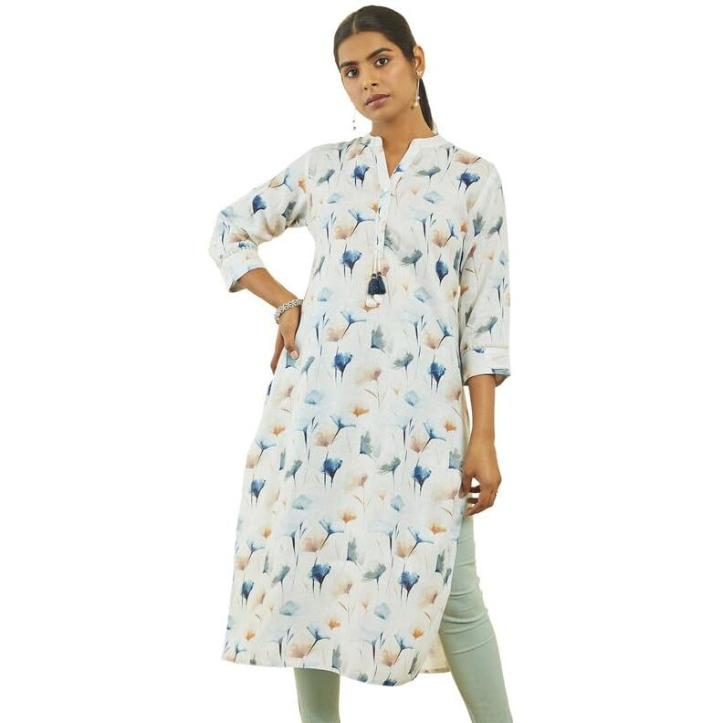 Soch Womens Off White Poly Cotton Floral Print Straight Kurta With Tassel Accent
