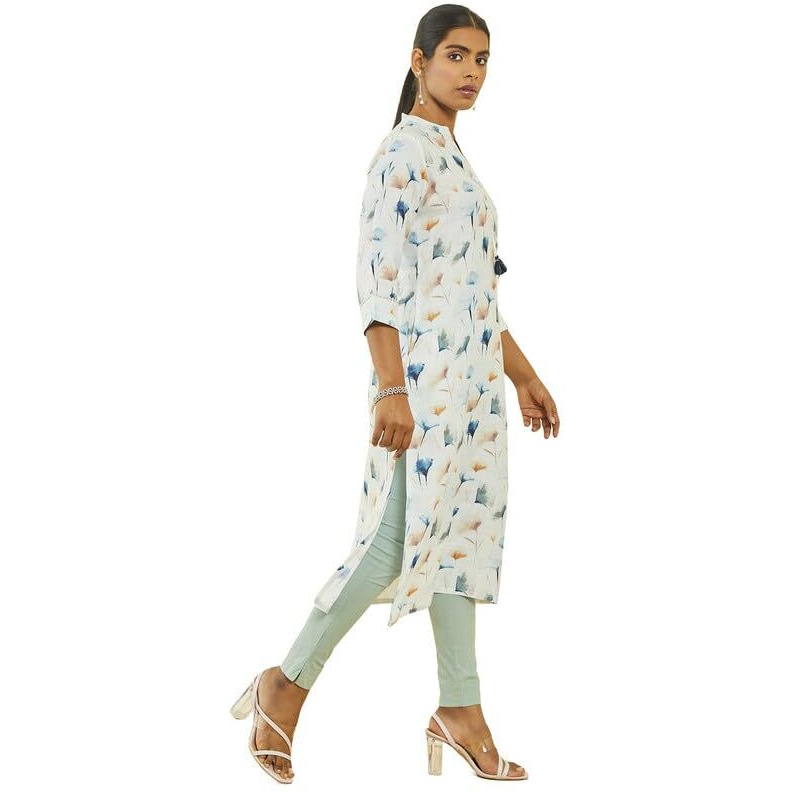 Soch Womens Off White Poly Cotton Floral Print Straight Kurta With Tassel Accent