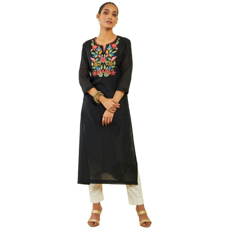 Soch Womens Black Chanderi Floral Embroidered Straight Kurta
