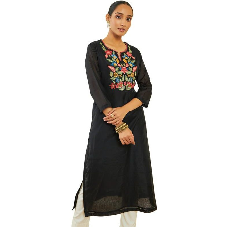 Soch Womens Black Chanderi Floral Embroidered Straight Kurta