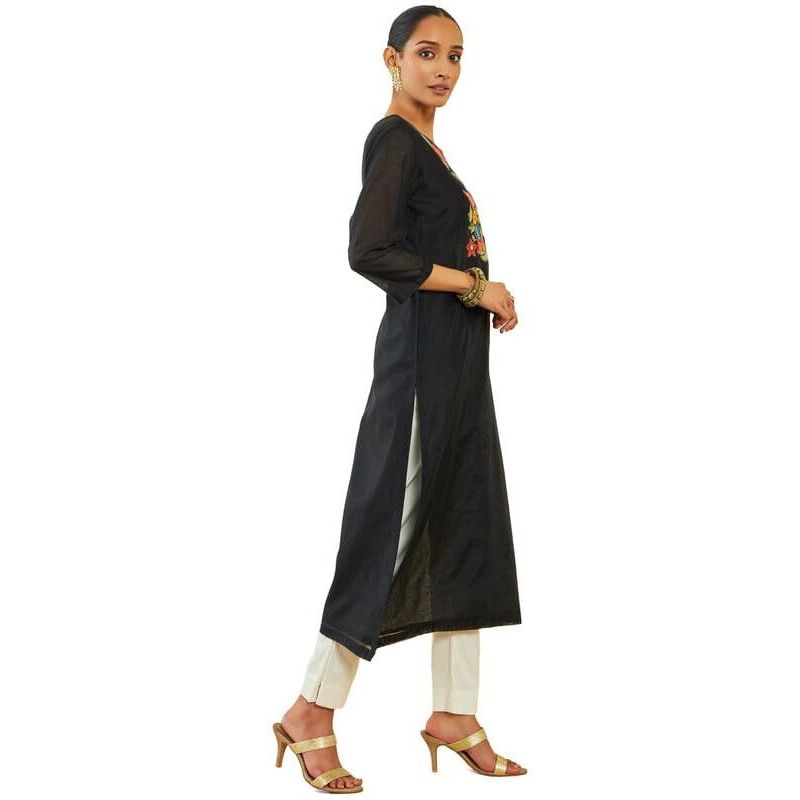 Soch Womens Black Chanderi Floral Embroidered Straight Kurta