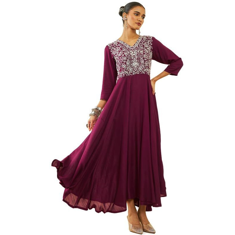 Soch Womens Magenta Viscose Dori Embroidered V-Neck Ankle-Length Flared Dress