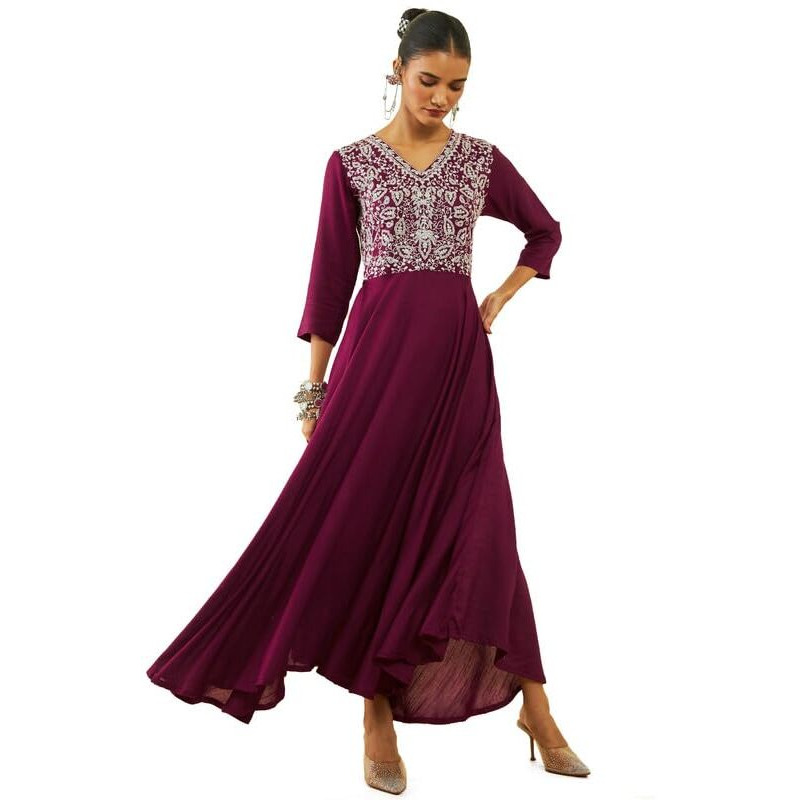 Soch Womens Magenta Viscose Dori Embroidered V-Neck Ankle-Length Flared Dress
