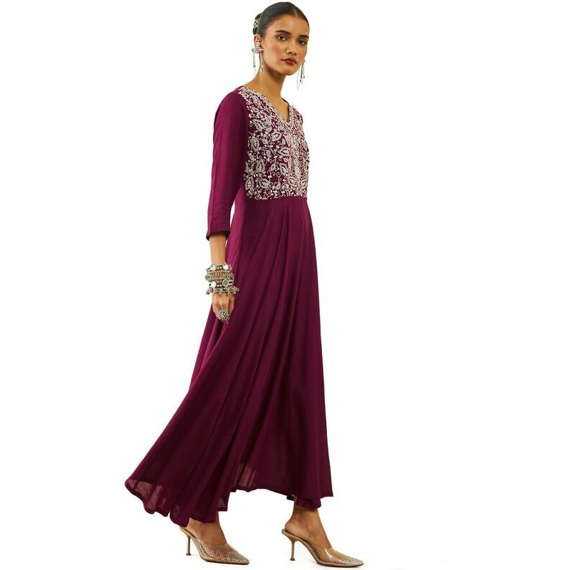 Soch Womens Magenta Viscose Dori Embroidered V-Neck Ankle-Length Flared Dress