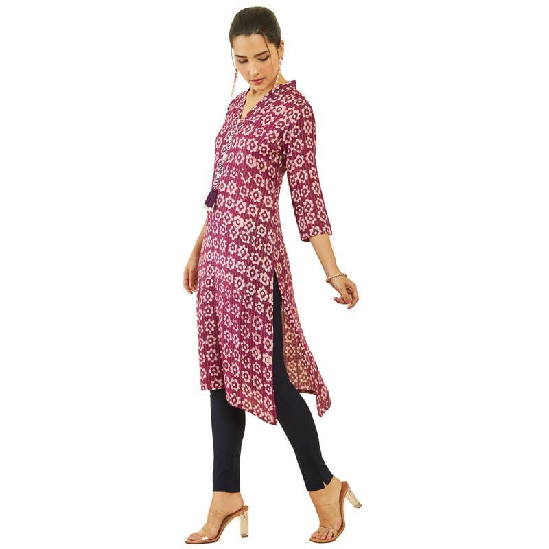 Soch Womens Wine Viscose Floral Batik Print V-Neck Straight Kurta