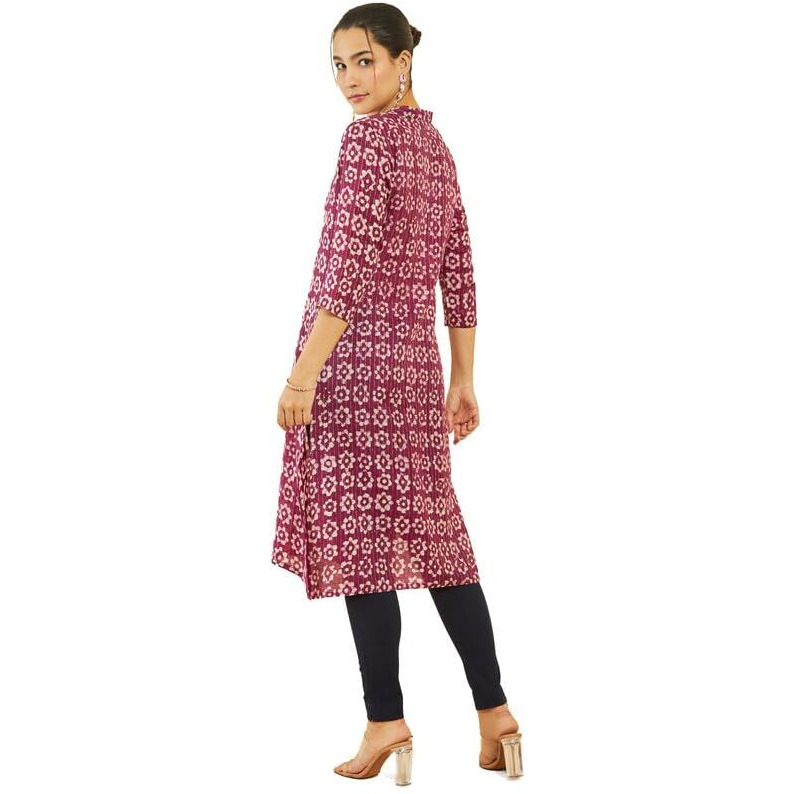 Soch Womens Wine Viscose Floral Batik Print V-Neck Straight Kurta