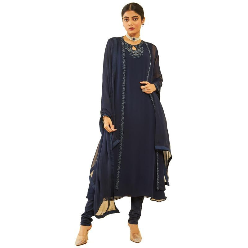 Soch Womens Blue Georgette Beadwork Embellished A-Line Chudidar Suit Set With Shrug(Owa3Cd20256A)