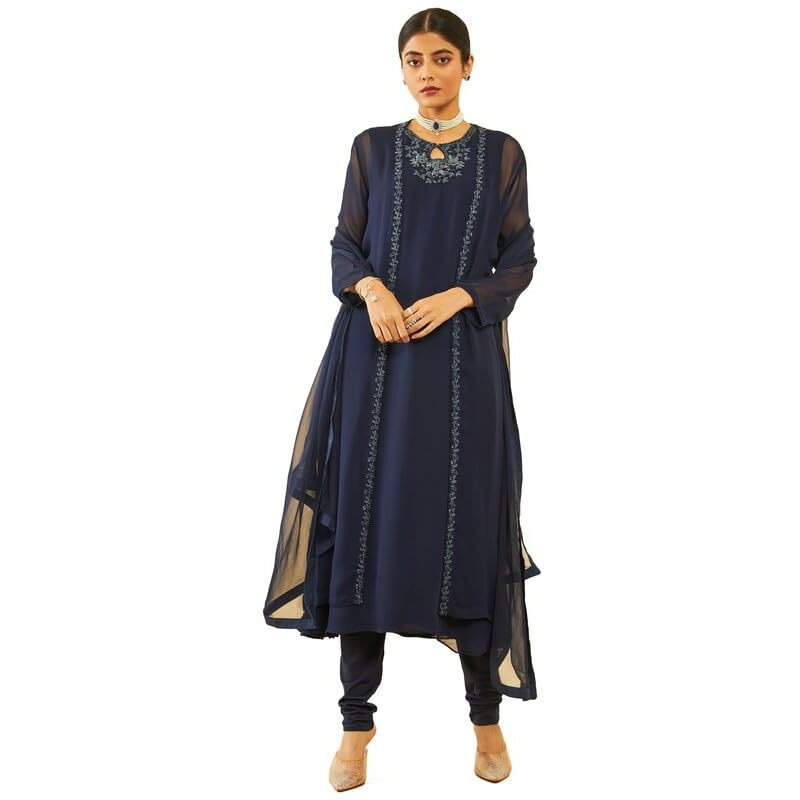 Soch Womens Blue Georgette Beadwork Embellished A-Line Chudidar Suit Set With Shrug(Owa3Cd20256A)
