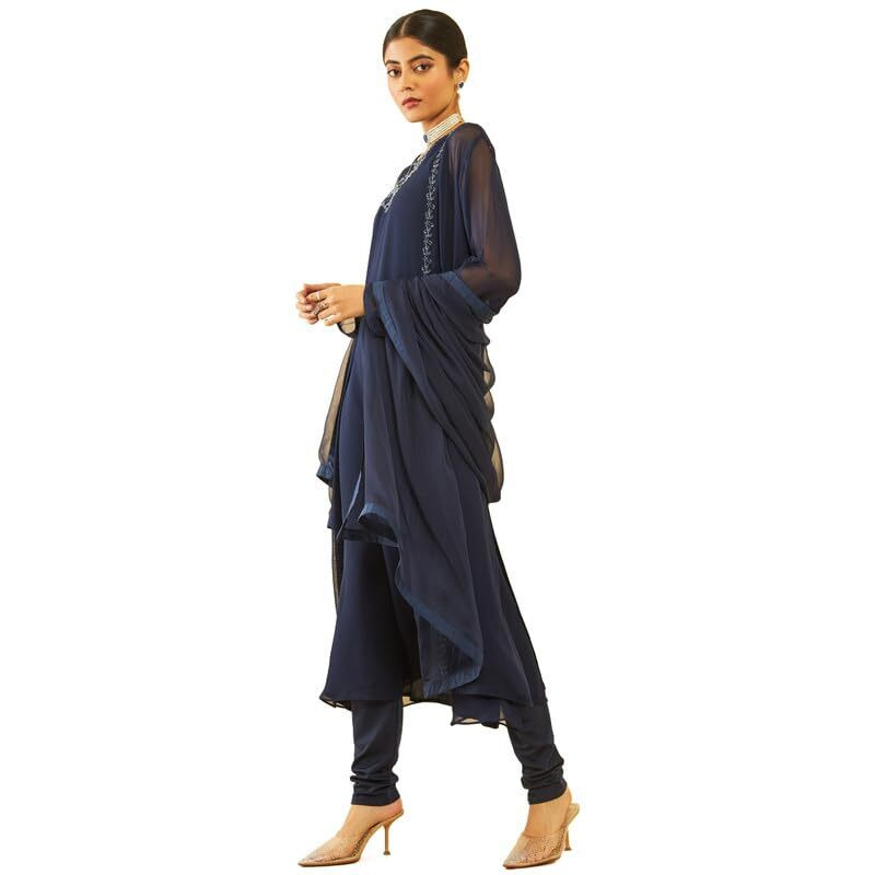 Soch Womens Blue Georgette Beadwork Embellished A-Line Chudidar Suit Set With Shrug(Owa3Cd20256A)