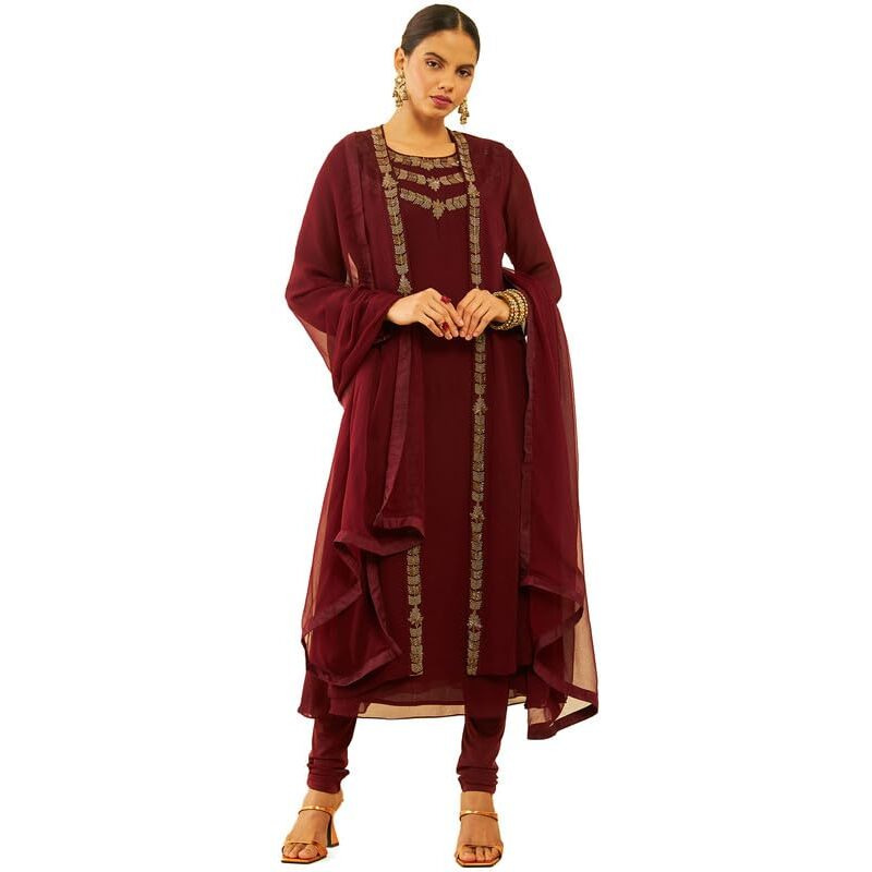 Soch Womens Maroon Georgette Cutdana Work Suit Set With Jacket And Dupatta